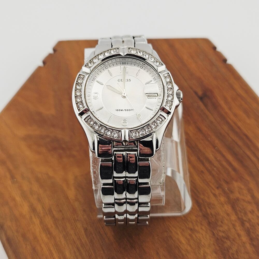 Guess Women's Silver Tone Link Boyfriend Watch Rhinestone Bezel Bling Annalog